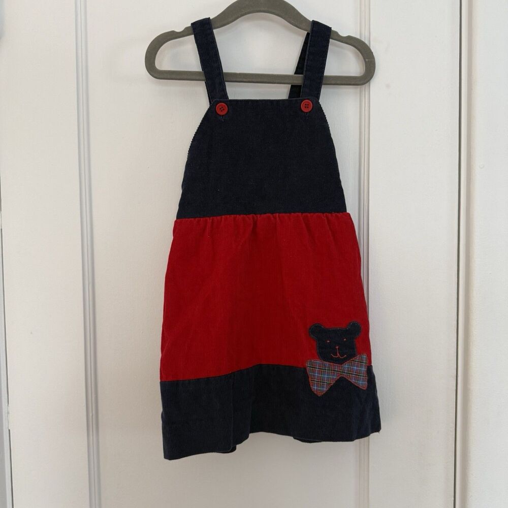 J. Estes Overall Dress 4T, Red Navy, Bear, Corduroy, Bow, Adjustable Straps